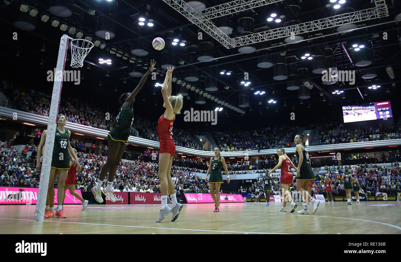 A general view of England Vitality Roses against the South Africa Spar Proteas during the Vitality Netball International Series match at The Copper Box, London. Stock Photo