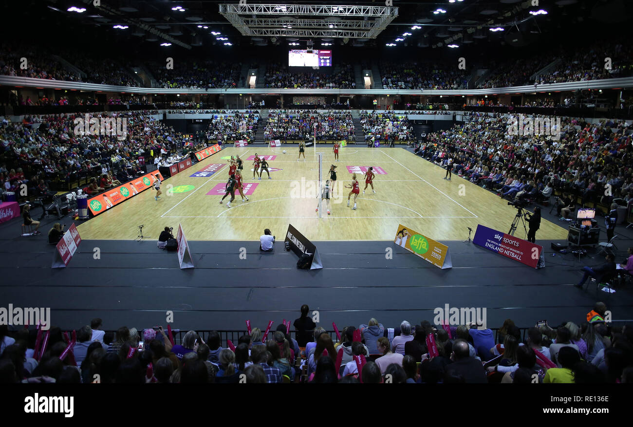 A general view of England Vitality Roses against the South Africa Spar Proteas during the Vitality netball International Series match at The Copper Box, London. Stock Photo