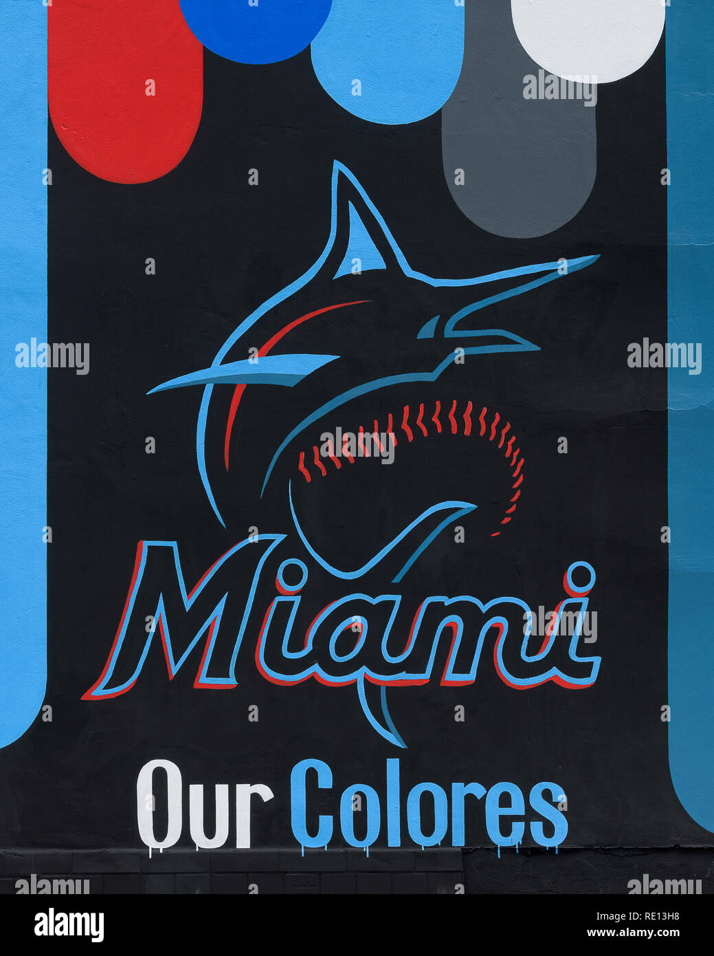 Miami Marlins baseball logo on a wall mural on SW 7th Street in downtown Miami, Florida Stock Photo