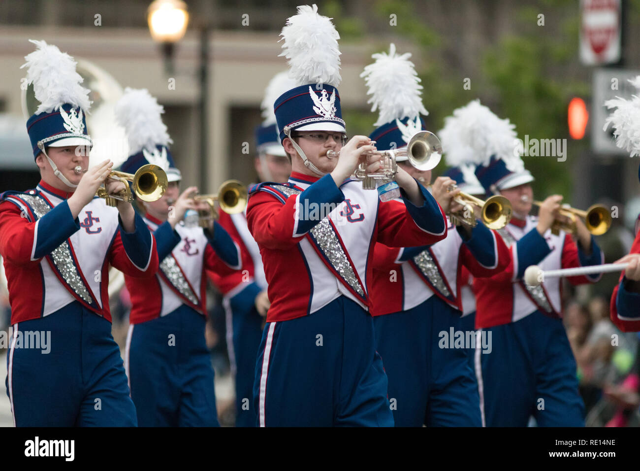 Louisville, Kentucky, USA - May 03, 2018: The Pegasus Parade, Members of the Jennings County High Shcool marching band from North Vernon, indiana, goi Stock Photo