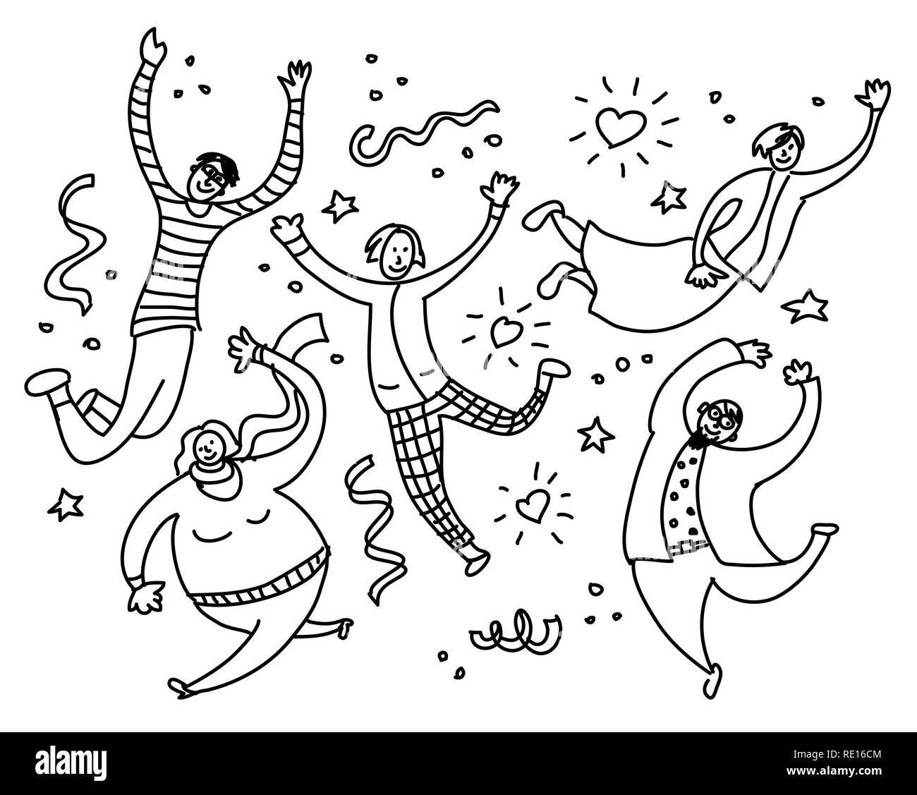Happy young jumping people black and white Stock Vector