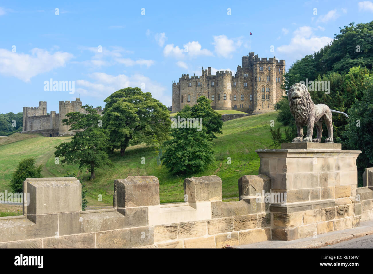 Alnwick Castle from The Peth bridge, Alnwick, Northumberland, England, United Kingdom Stock Photo