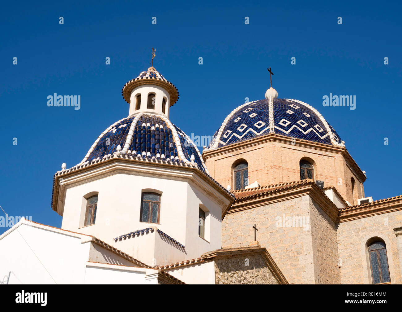 Blue and white tiled domes of the Church of La Mare de Déu del Consol in Altea, Costa Blanca, Spain, Europe Stock Photo