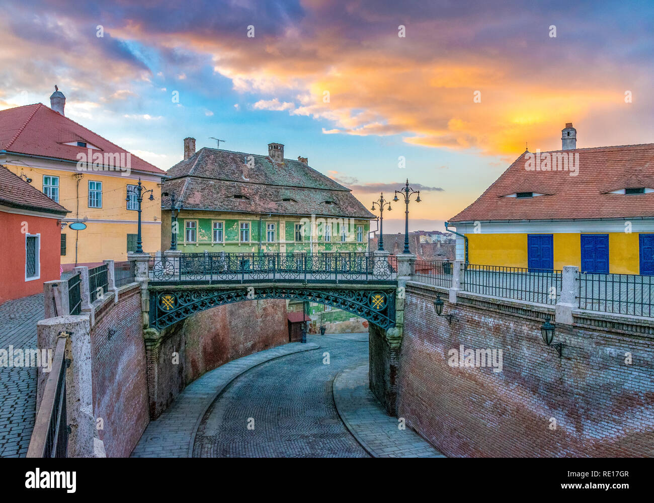 Sibiu, Romania: View to the Bridge of Lies, in Sibiu, Romania. The Bridge of Lies is one of the most important symbols of the city and first forged ir Stock Photo