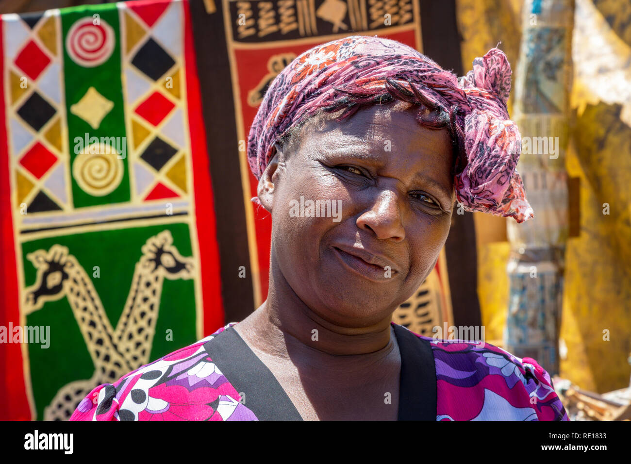 Graskop, South Africa - 5th November 2016: African women sells textiles and crafts at a street market. Stock Photo