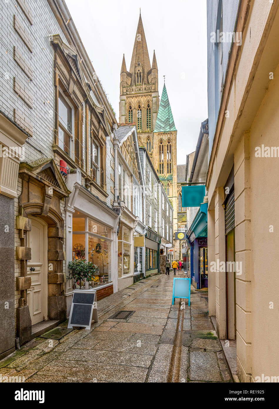 Shops in Cathedral Lane, Truro in Cornwall, with views of the Cathedral spires Stock Photo