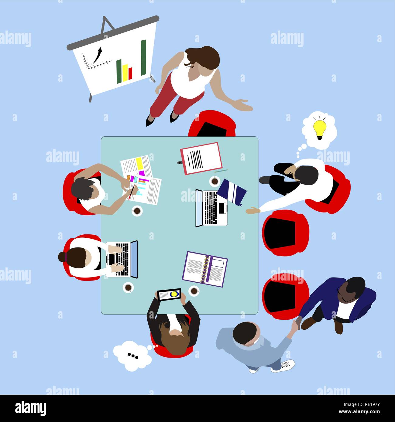 Team work and business meeting. Presentation and brainstorm top view vector. Office teamwork, collaboration flat illustration. Conference in boardroom Stock Vector