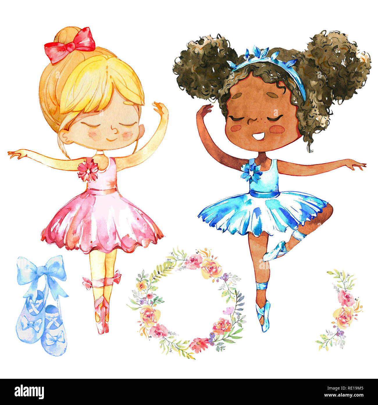 African Caucasian Ballerina Girl Character Set. Cute Friend wear Blue and Pink Tutu Dress Training in Ballet School Class. Baby Dancer Beautiful Poster Design Flat Cartoon Illustration. Stock Photo