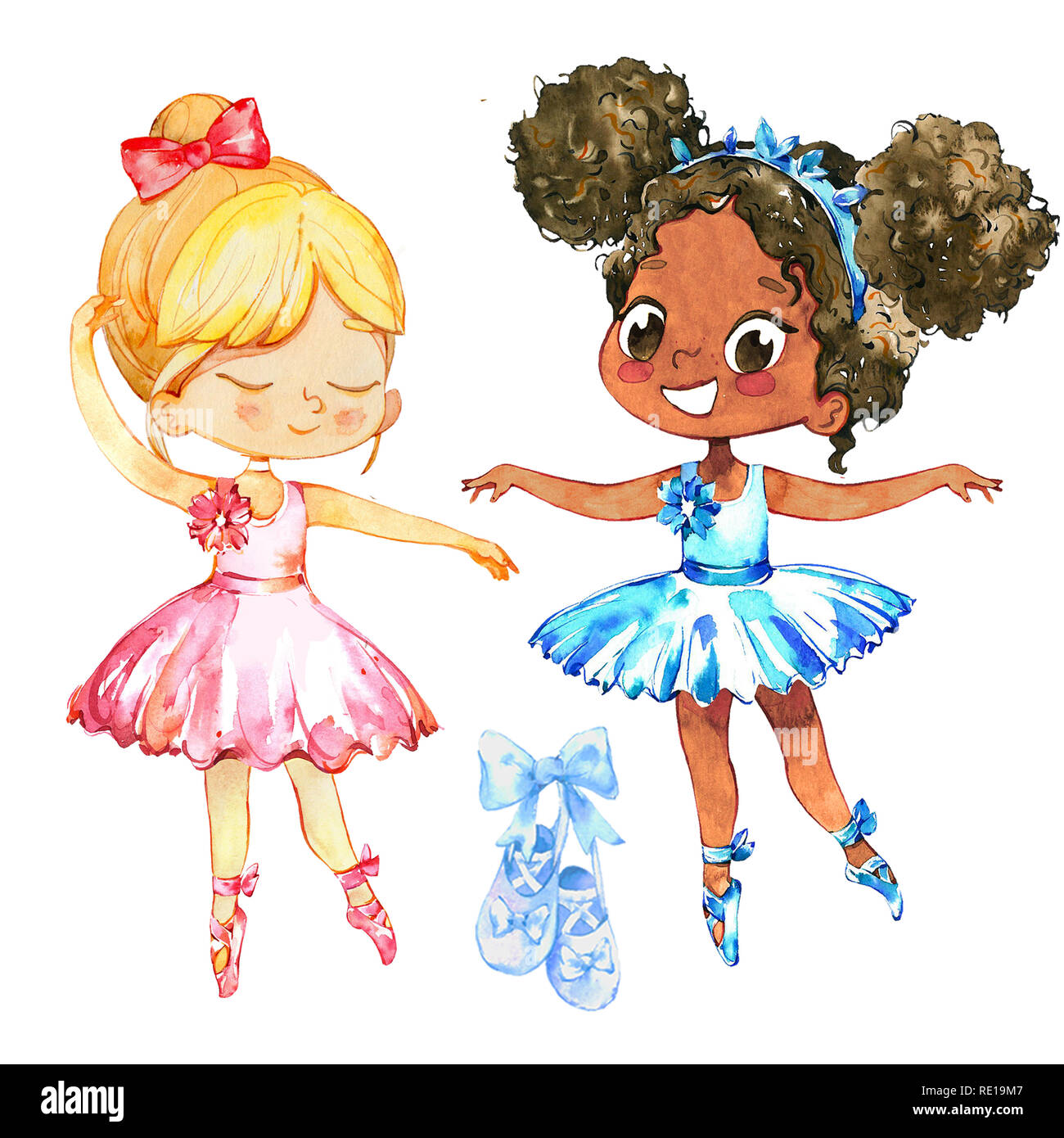 Ballerina Girl Friend Couple Character Training. Cute African American Child wear Blue Tutu Dress and Pointe Pose in Multiracial School. Baby Ballet Greeting Card Kit Design Flat Cartoon Illustration. Stock Photo