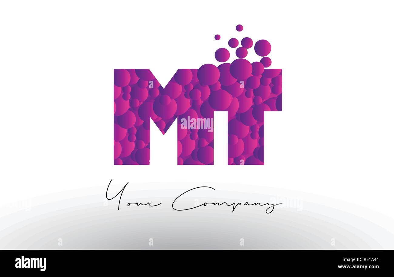 MT M T Dots Letter Logo with Purple Pink Magenta Bubbles Texture Vector. Stock Vector