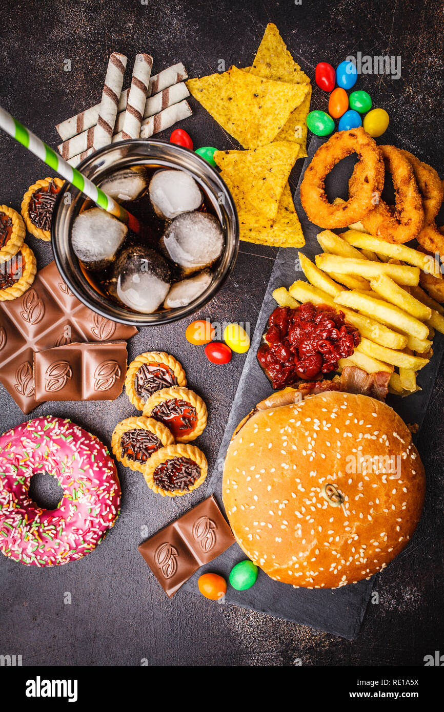 Junk food concept. Unhealthy food background. Fast food and sugar