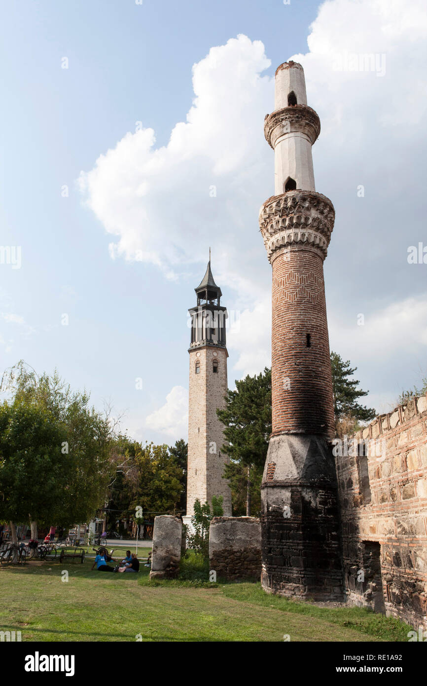 Prilep; Minaret and clock tower, Macedonia, Eastern Europe Stock Photo