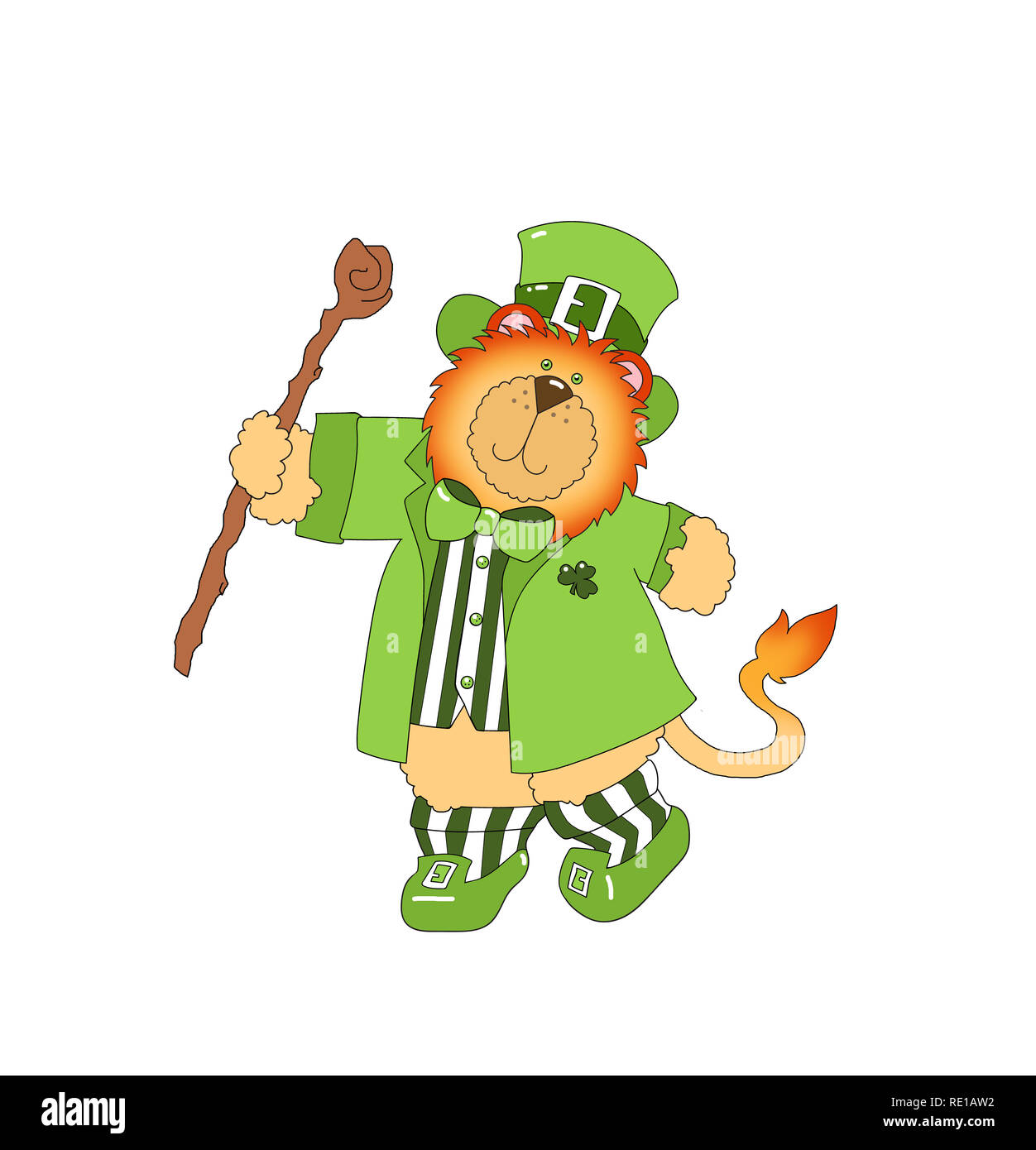 Clip art illustration of a cute lion dressed as a leprechaun and dancing on a white background. Stock Photo