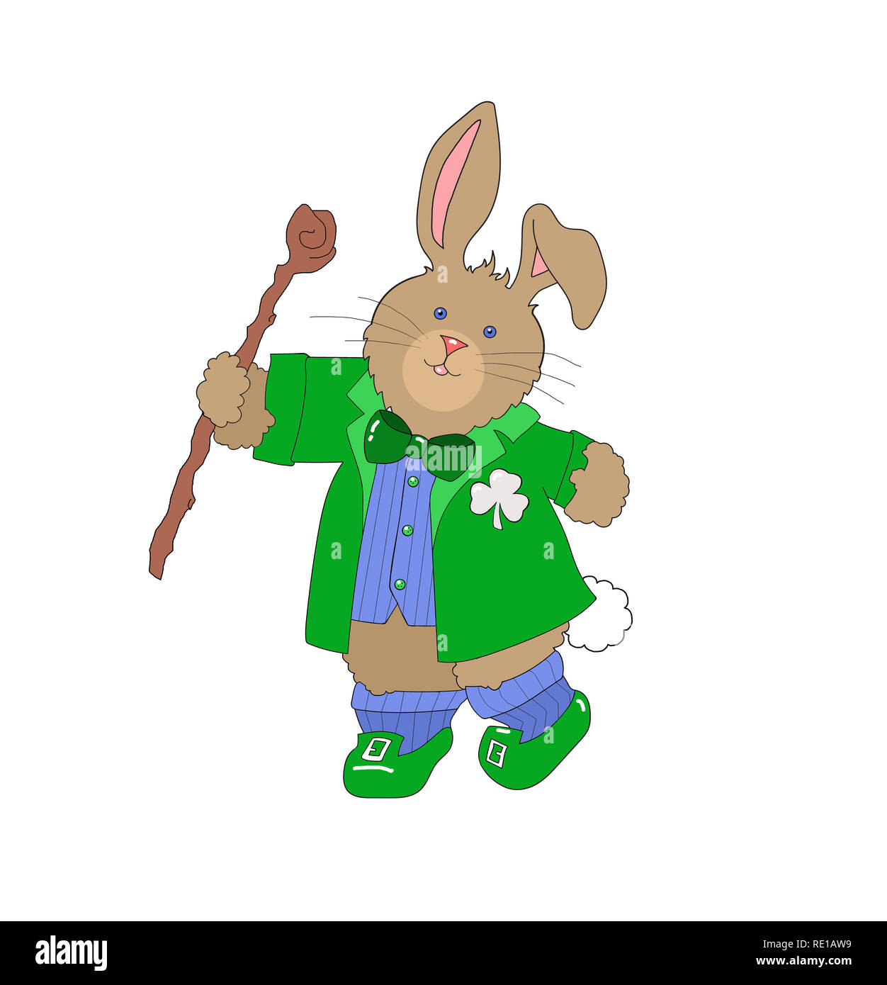 Clip art illustration of a cute rabbit/bunny dressed as a leprechaun and dancing on a white background. Stock Photo