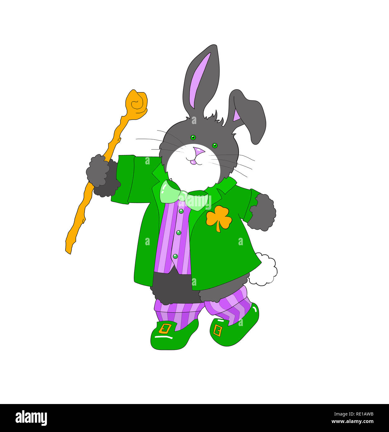 Clip art illustration of a cute rabbit/bunny dressed as a leprechaun and dancing on a white background. Stock Photo