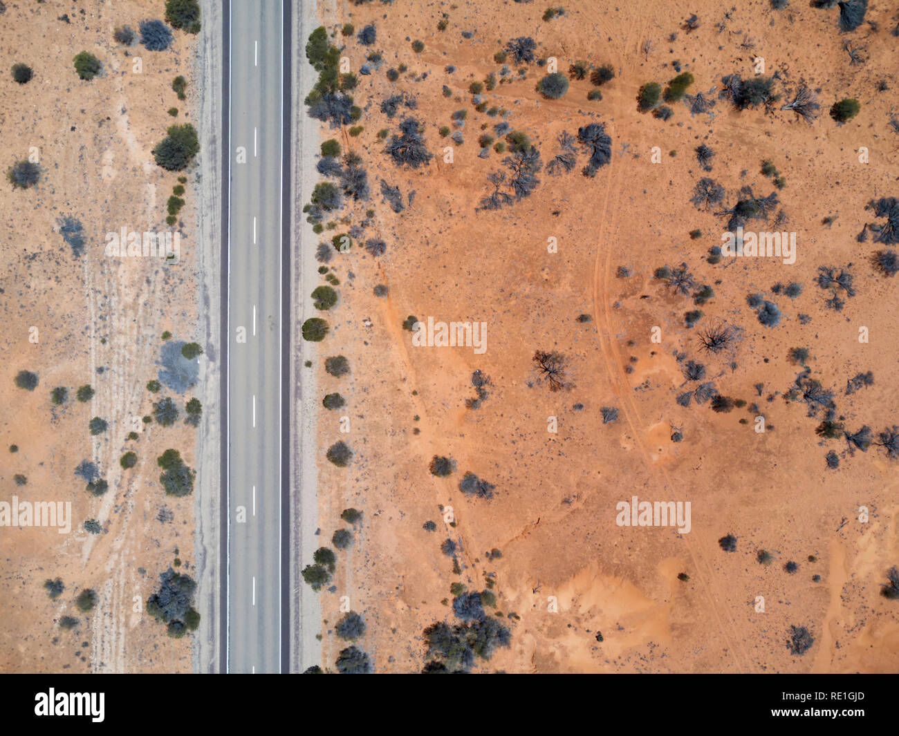 Aerial of the sealed highway passing the the outback to the opal fields