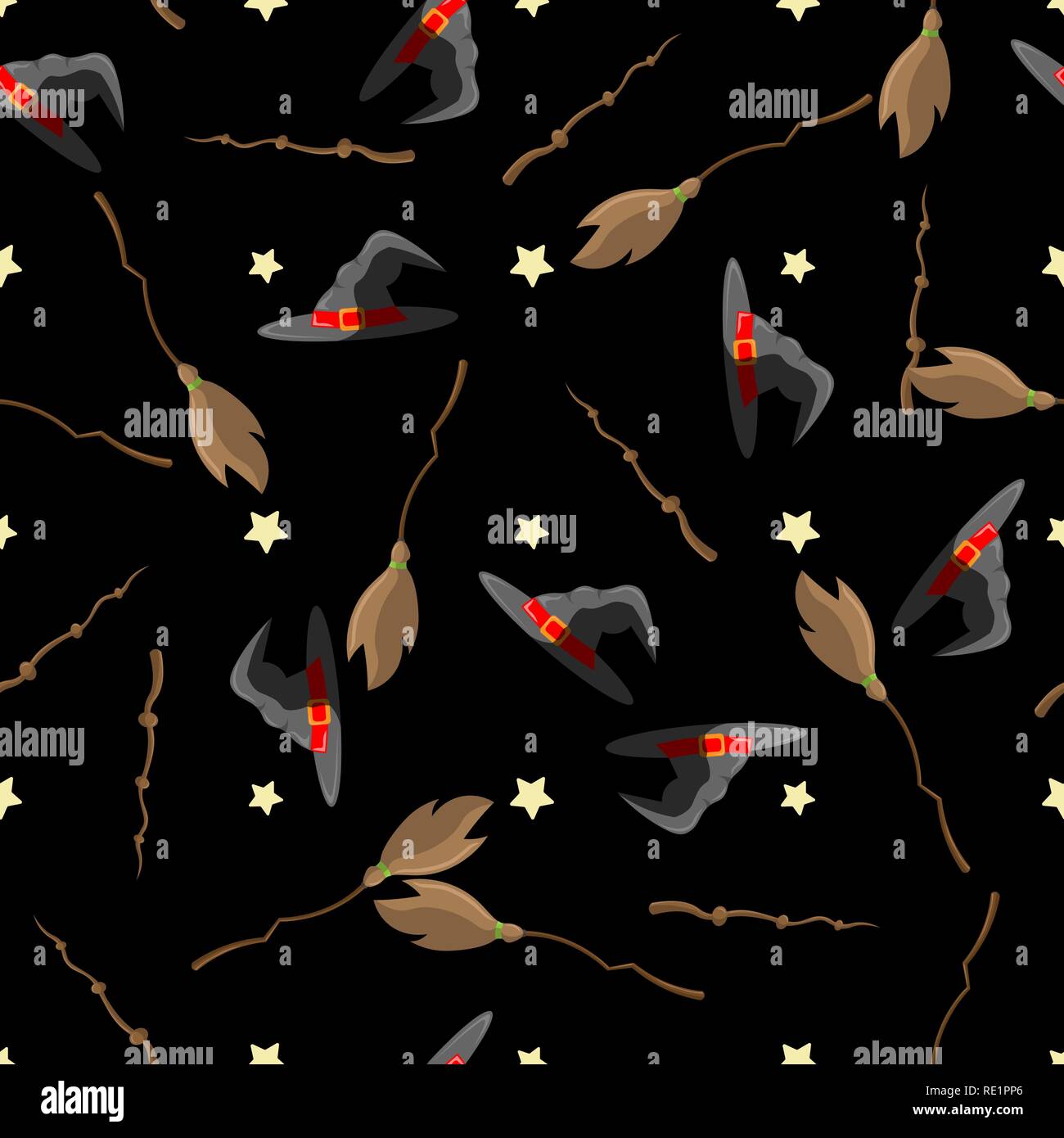 Halloween seamless pattern design with witch hat, magic wand, star and ...