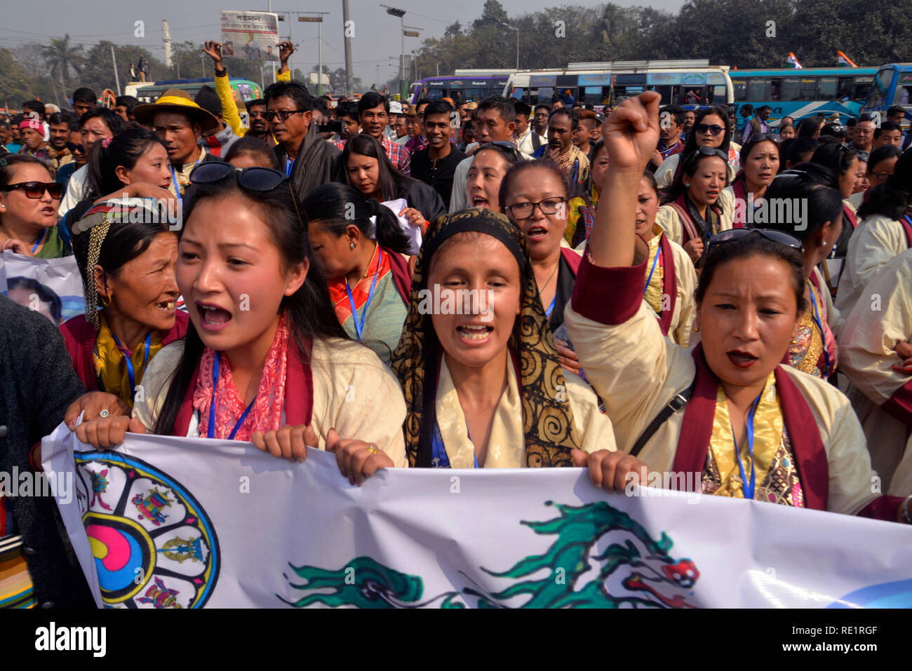 West Bengal, India. 19th Jan, 2019. Bhutia women shout slogan during the All India Trinamool Congress or AITMC mega brigade rally. Credit: Saikat Paul/Pacific Press/Alamy Live News Stock Photo