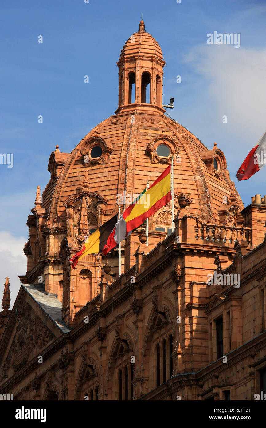 European flags waving from the rooftop of the Harrods department store in London, United Kingdom