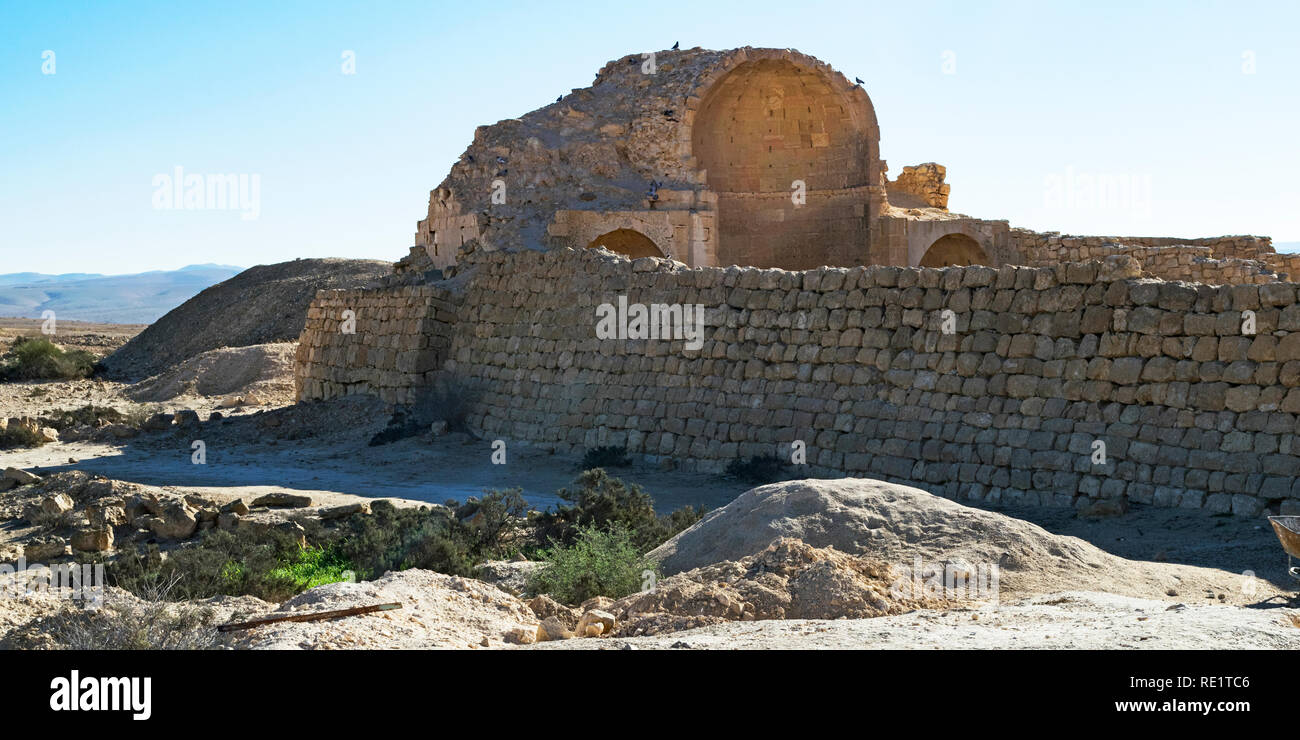 ruins of the northern church of shivta national park in the negev desert in israel with birds perched on top of the apse and walls Stock Photo