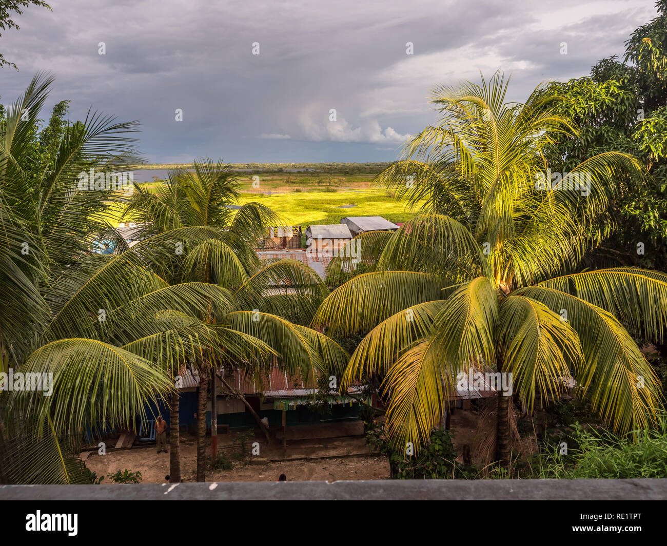 Iquitos, Peru March 27, 2018 Sunset. View of a floating houses and