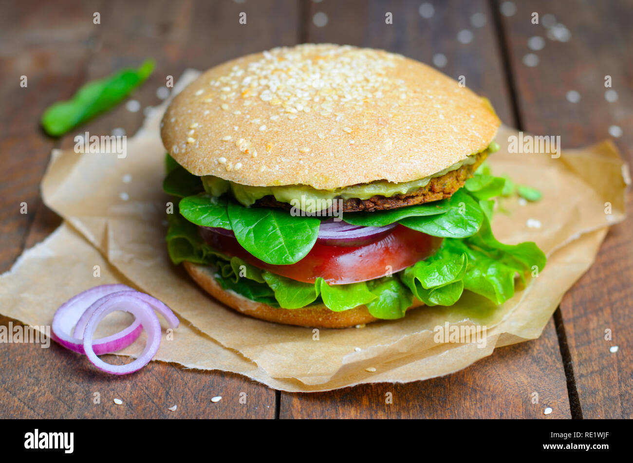 Vegan Burger, Burger with Chickpea Patty, Avocado Spread and Vegetables