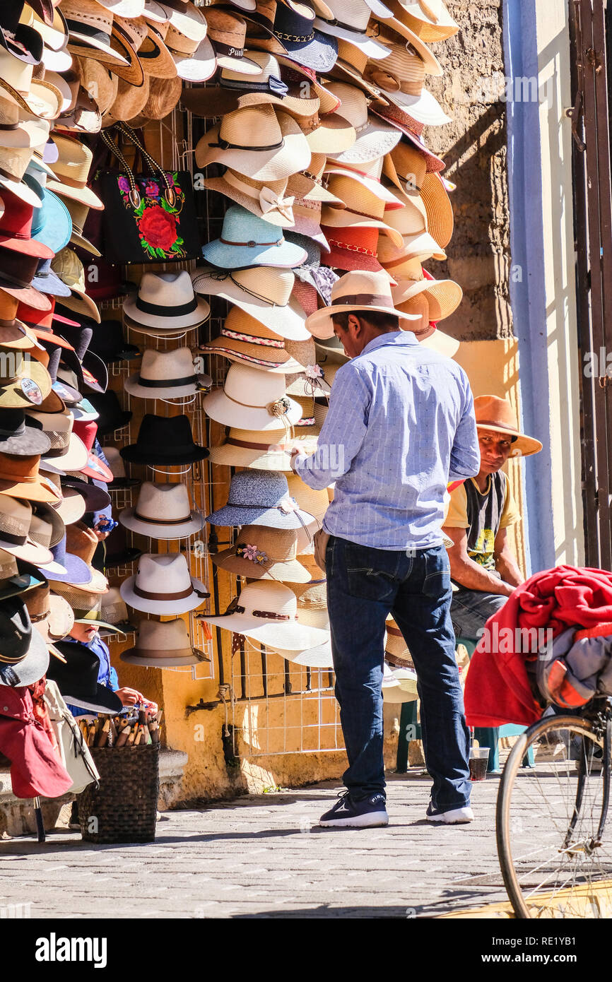 Hats on wall in a hat shop at Cholula, Mexico Stock Photo