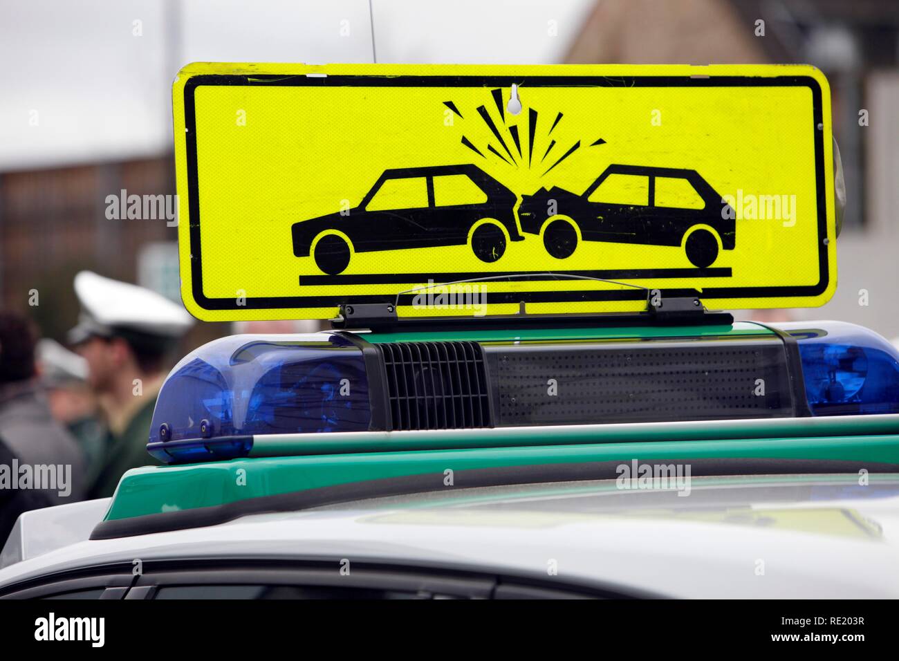 Warning sign on a police patrol car, drawing attention to a traffic accident, Duesseldorf, North Rhine-Westphalia Stock Photo