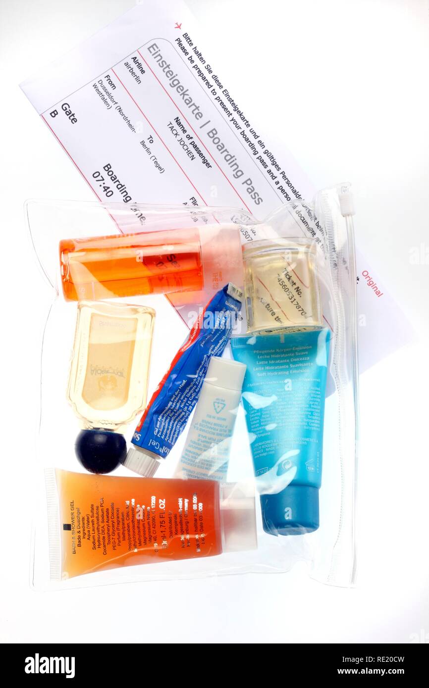 Transparent plastic bag for small quantities of liquids, gels, pastes,  creams, which may be carried in hand luggage for air Stock Photo - Alamy