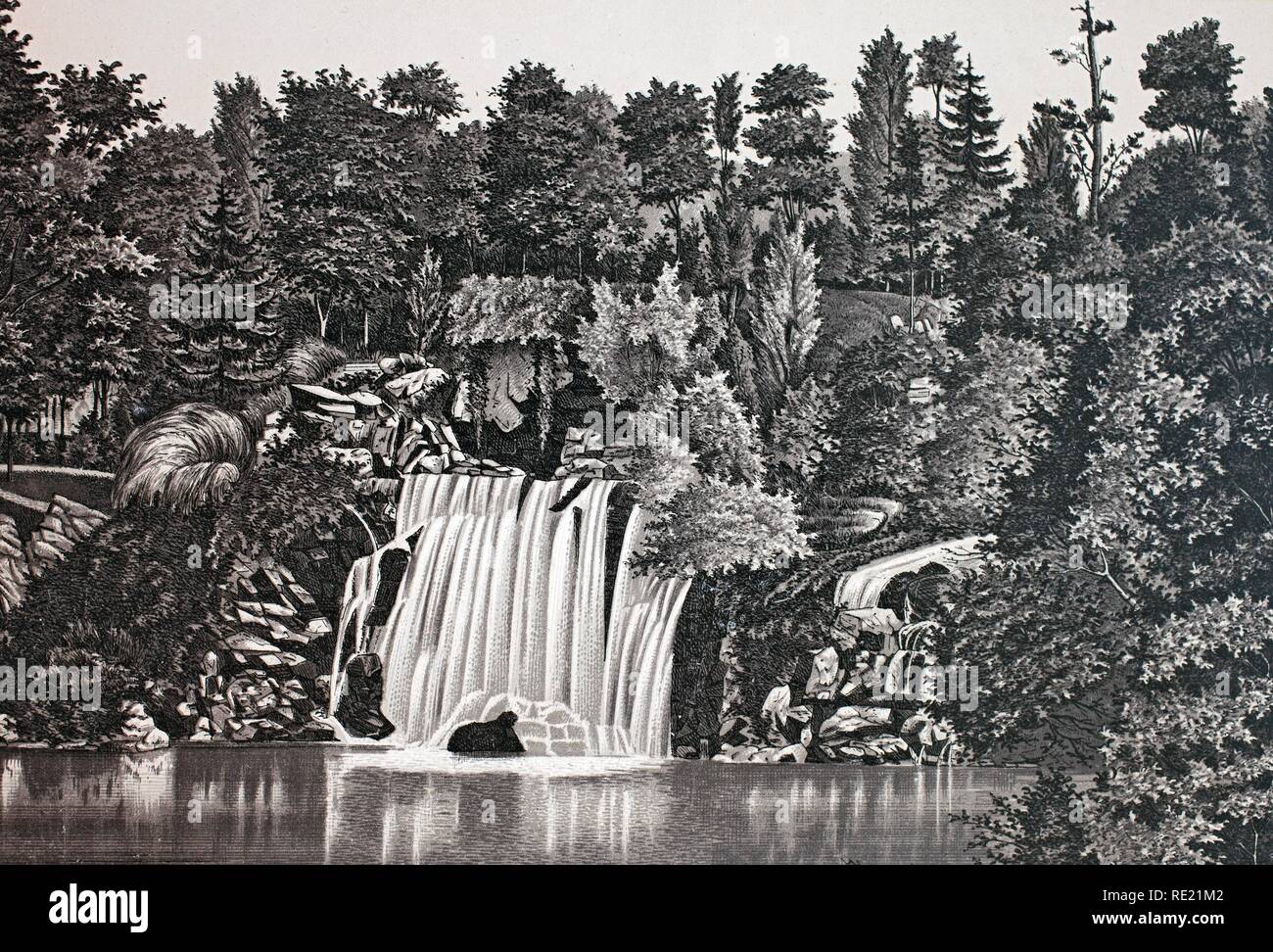 Cascade du Bois de Boulogne, historic copper-plate etching, from around 1890, Neal's, Paris, France, Europe Stock Photo