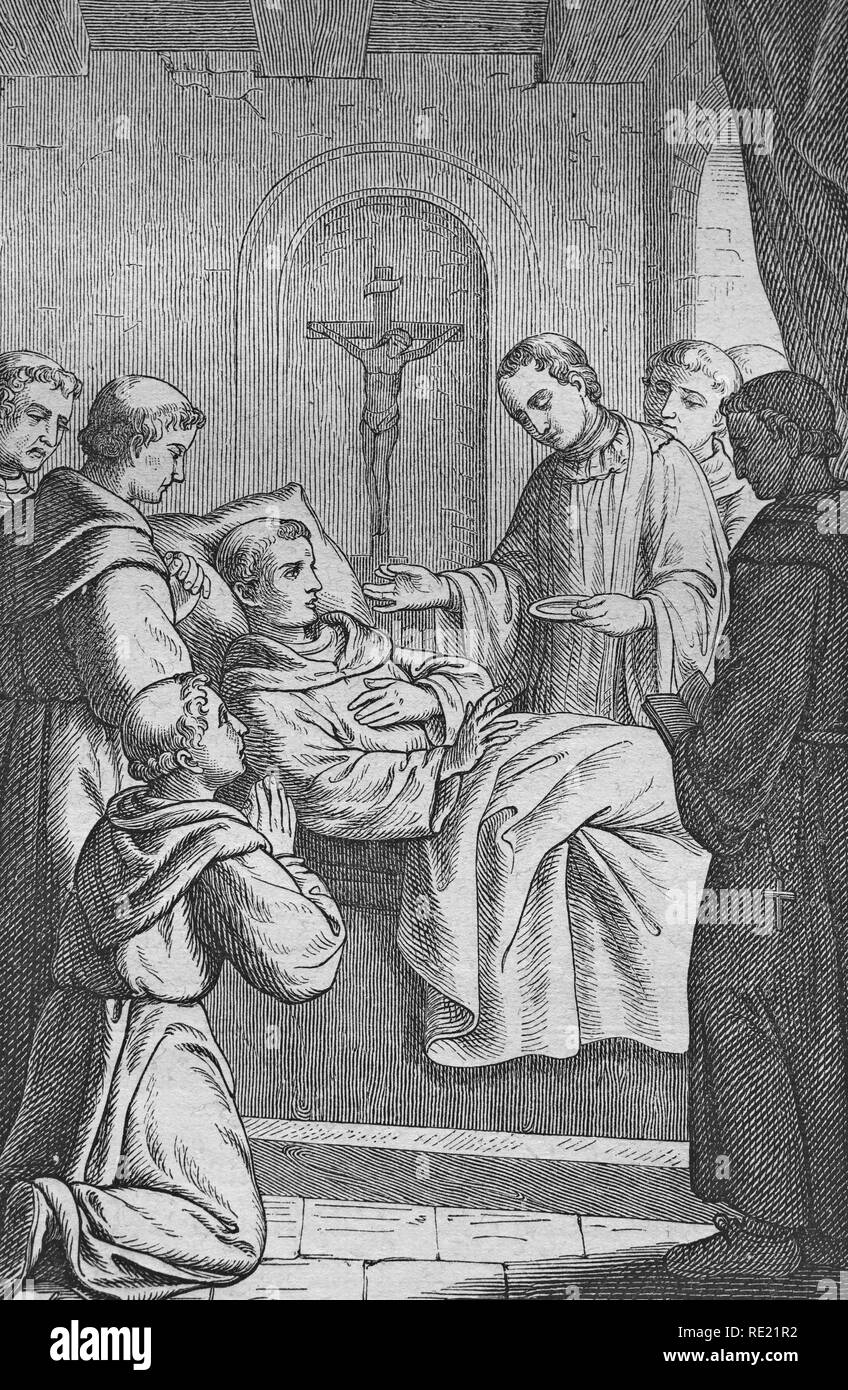 St. Robert confessing his faith on his deathbed, historical steel engraving from 1860 Stock Photo