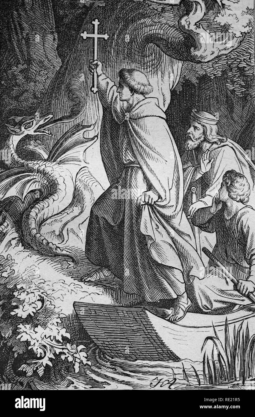 St. Pirmin overcoming the dragon with the cross, historic steel engraving from 1860 Stock Photo
