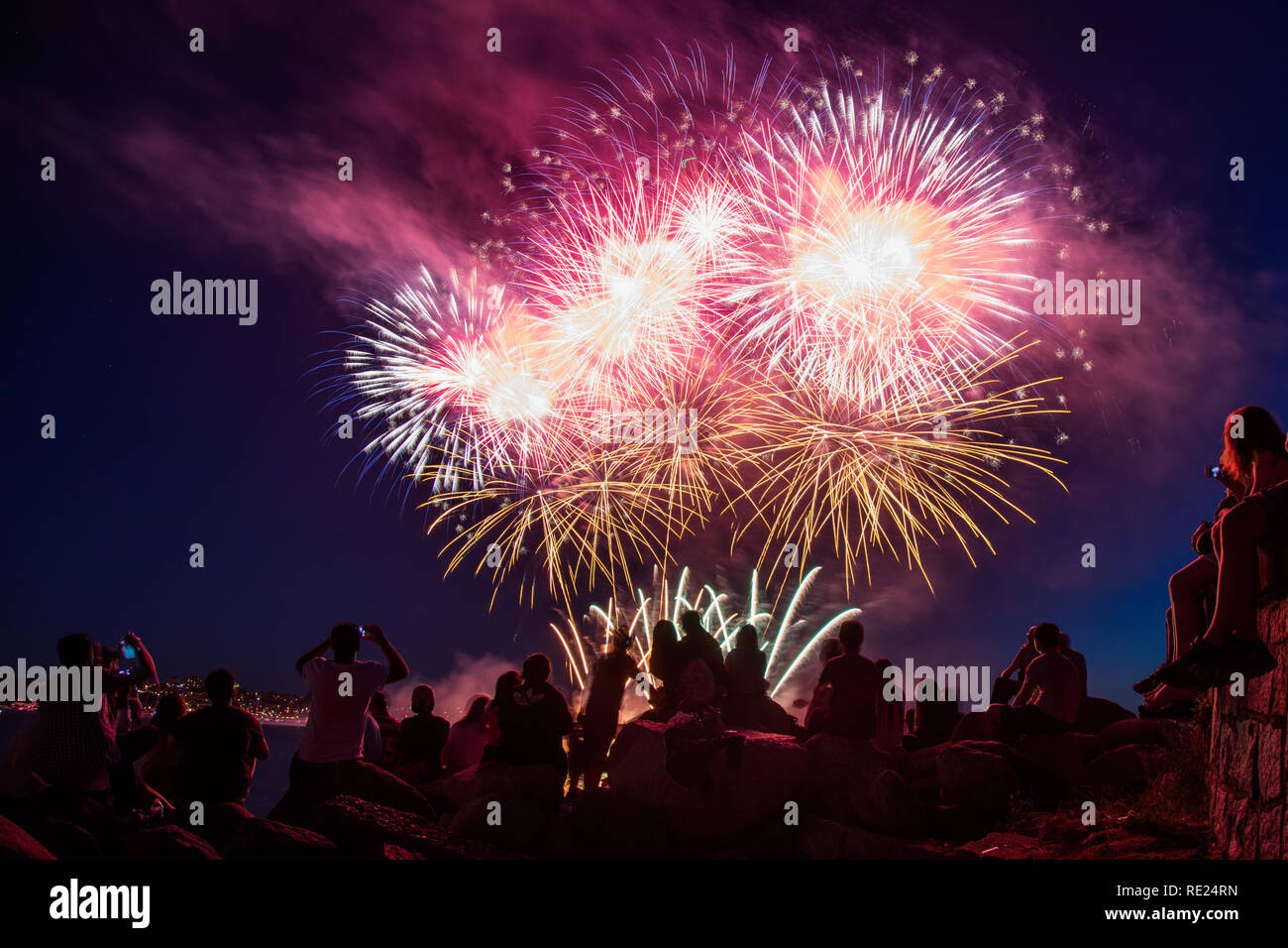 Celebration of Light Fireworks from English Bay, Vancouver, BC, Canada Stock Photo