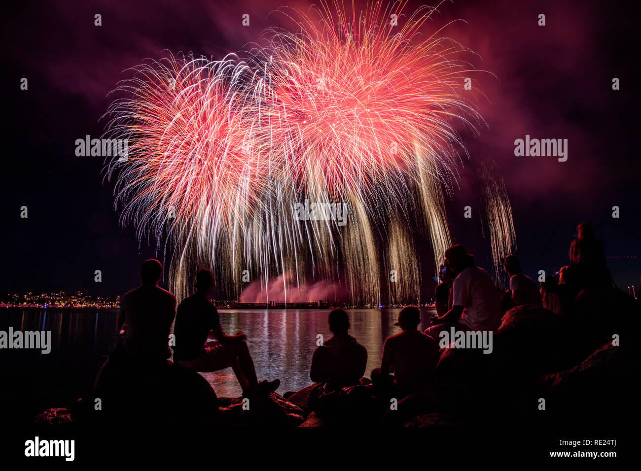 Celebration of Light Fireworks from English Bay, Vancouver, BC, Canada Stock Photo