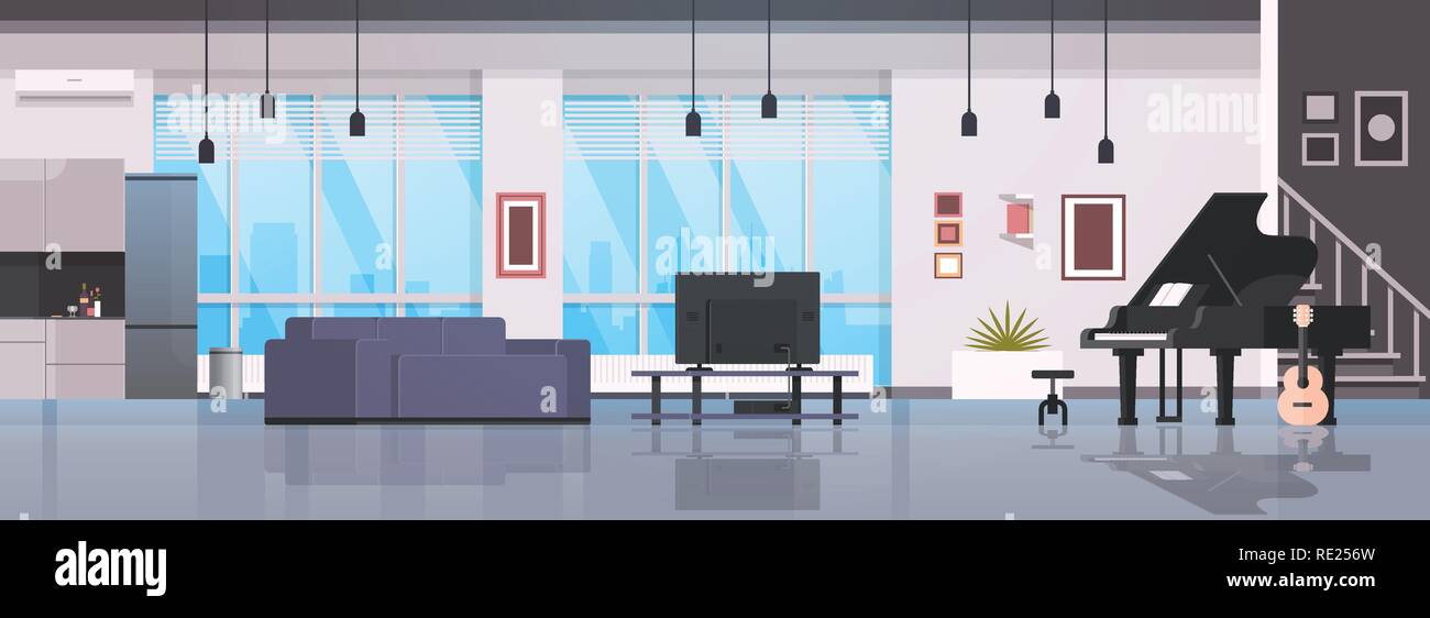 contemporary home hall musical instruments piano guitar empty nobody house room modern apartment interior flat horizontal banner Stock Vector