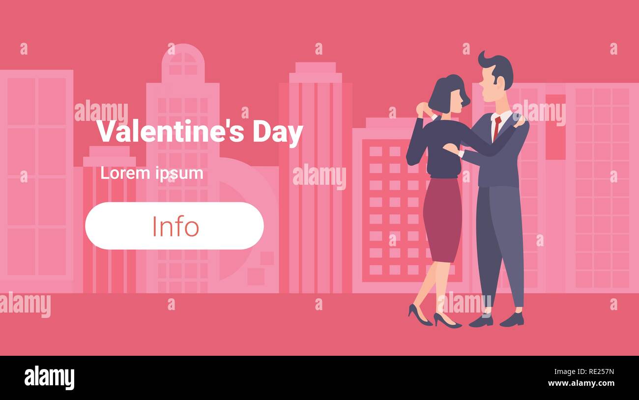elegant couple dancing happy valentines day concept business man woman young lovers cityscape background male female cartoon characters full length flat horizontal Stock Vector