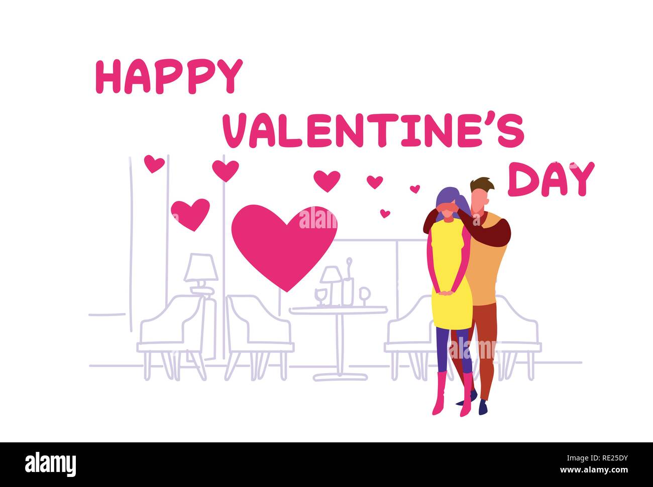 man closing womans eyes playing guess who game happy valentines day couple in love over heart shapes modern cafe interior sketch doodle greeting card horizontal Stock Vector