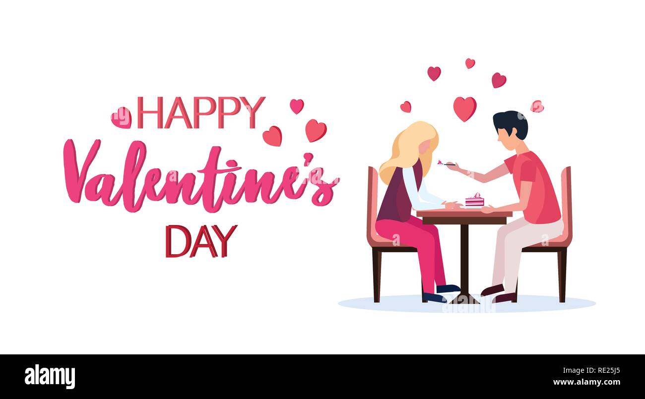 man feeding attractive woman with cake in cafe happy valentines day holiday celebration concept couple in love over red heart shapes greeting card horizontal isolated flat Stock Vector