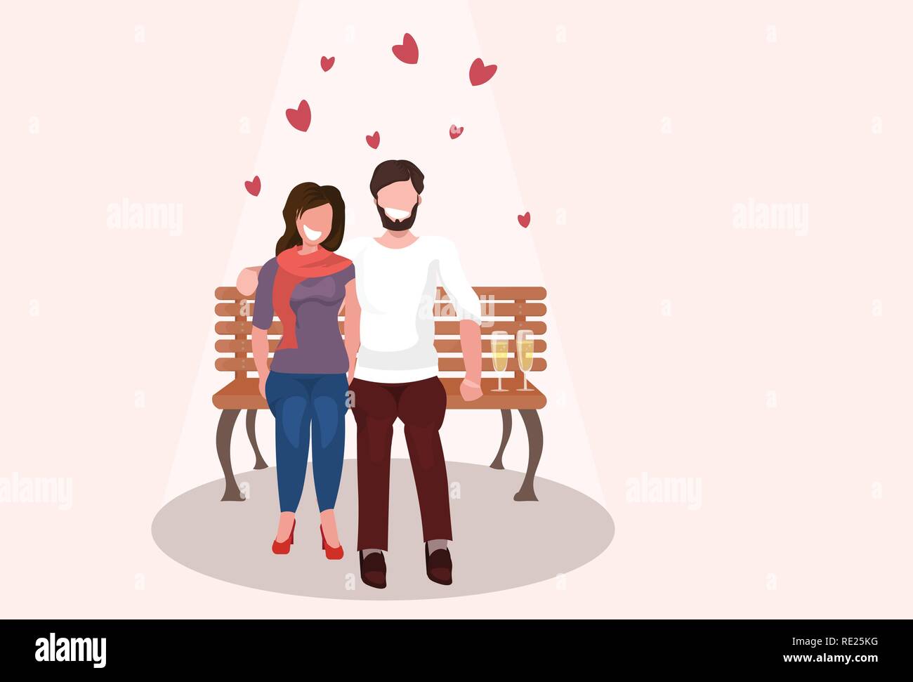 couple in love drinking champagne happy valentines day holiday concept man woman lovers sitting wooden bench having fun over heart shapes flat horizontal Stock Vector