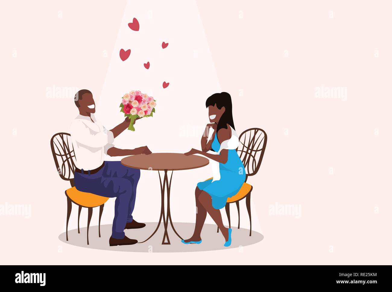 man giving woman flowers bouquet happy valentines day holiday concept african american man woman sitting at table romantic date relationships horizontal flat Stock Vector