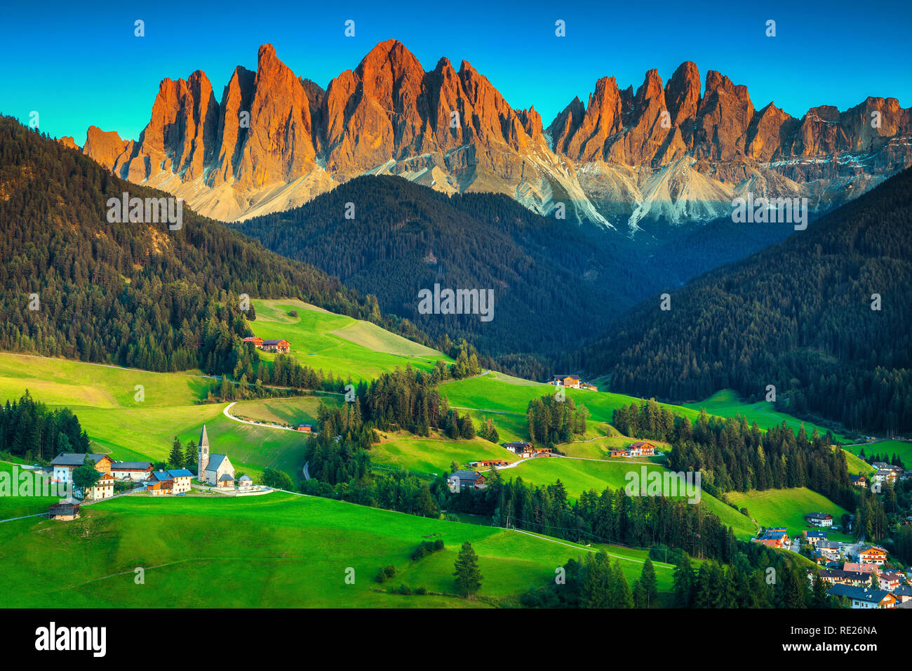Admirable nature and photography place. Fantastic travel and hiking destination with high mountains and green fields, Santa Maddalena village, Funes v Stock Photo