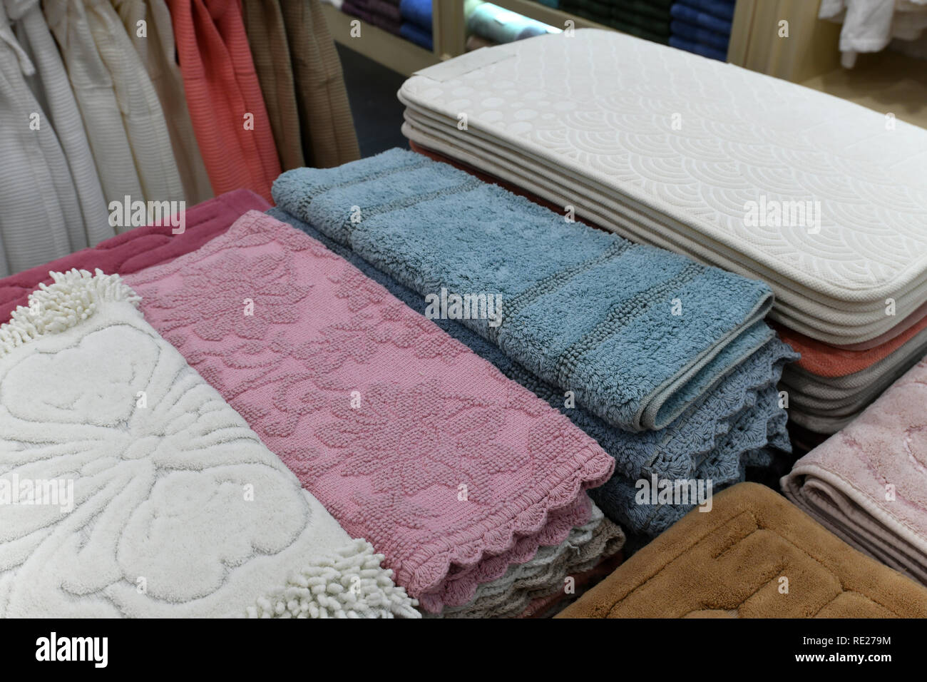 The Different bath mats in the store Stock Photo