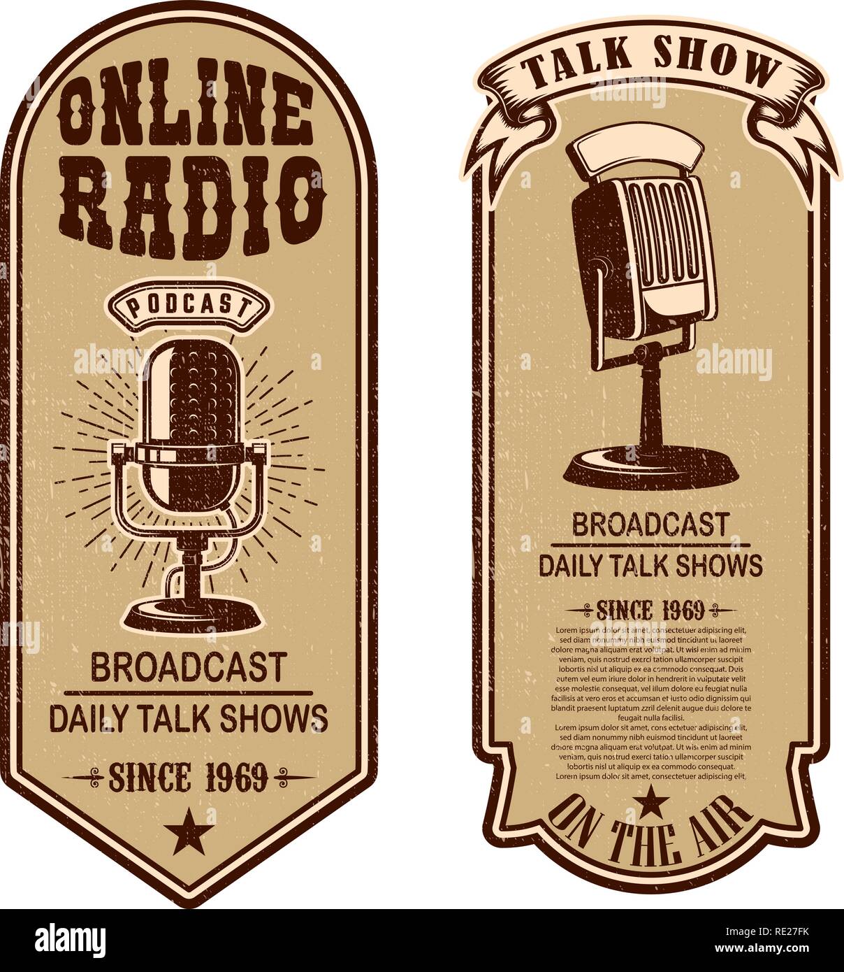 Set of vintage podcast, radio flyers with microphone. Design element for  logo, label, sign, badge, poster. Vector illustration Stock Vector Image &  Art - Alamy