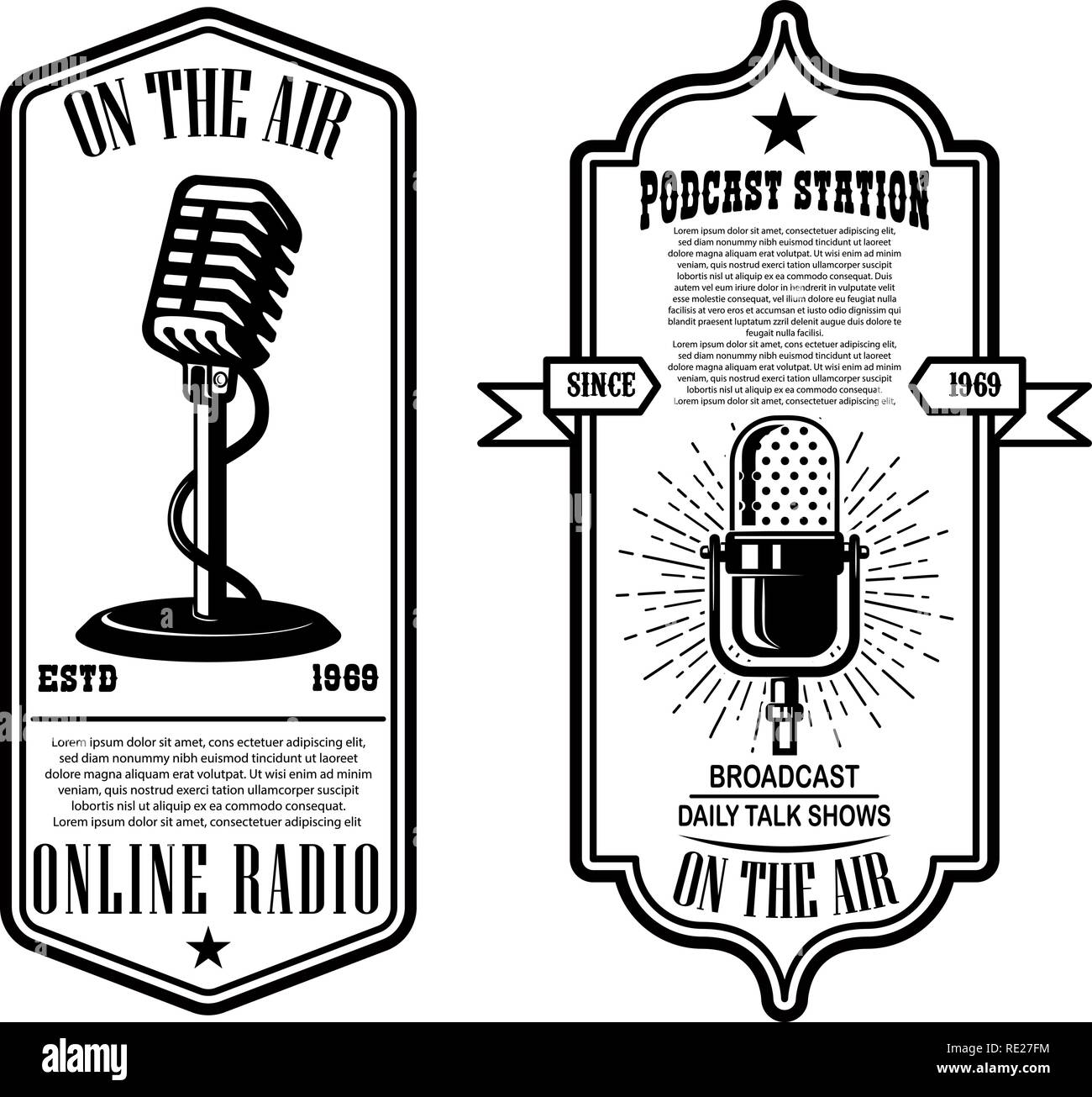 Set of vintage podcast radio flyers with microphone. Design