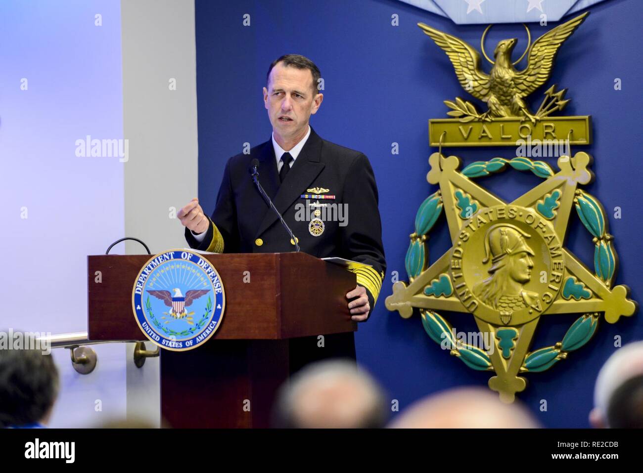 WASHINGTON (Nov. 08, 2016) Chief of Naval Operations (CNO) Adm. John Richardson delivers remarks at the 2016 Vice Admiral James Stockdale Leadership Award ceremony in the Pentagon’s Hall of Heroes. The Stockdale Leadership Award is presented annually to two commissioned officers on active duty below the rank of Captain who are in command of a single ship, submarine, aviation squadron or operational warfare unit at the time of nomination. The award is unique in that candidates are nominated by their peers who themselves must be eligible for the award. Stock Photo