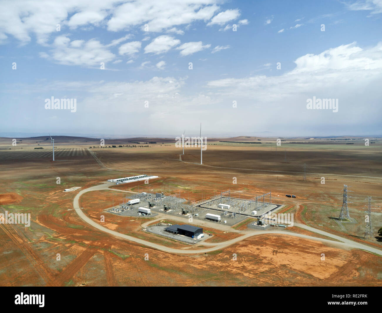 Aerial of the Hornsdale substation that utilises Elon Musk Tesla lithium ion storage battery. Stock Photo