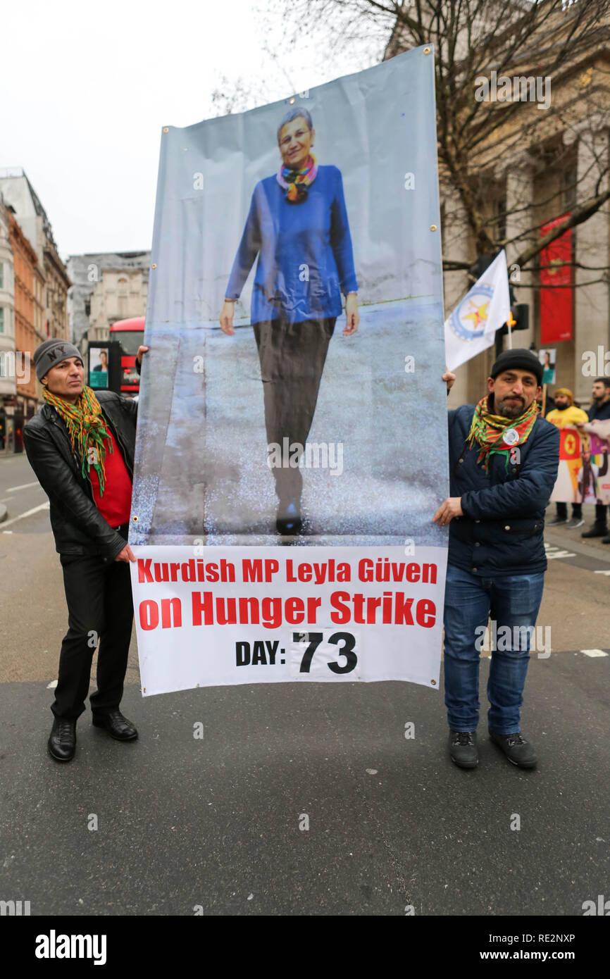 London, UK. 19th Jan, 2019. Demonstration to highlight jailed Kurdish politician Leyla Güven has reached a critical condition and has been unable to see her lawyer due to health problems caused by her long-running hunger strike. Penelope Barritt/Alamy Live News Stock Photo