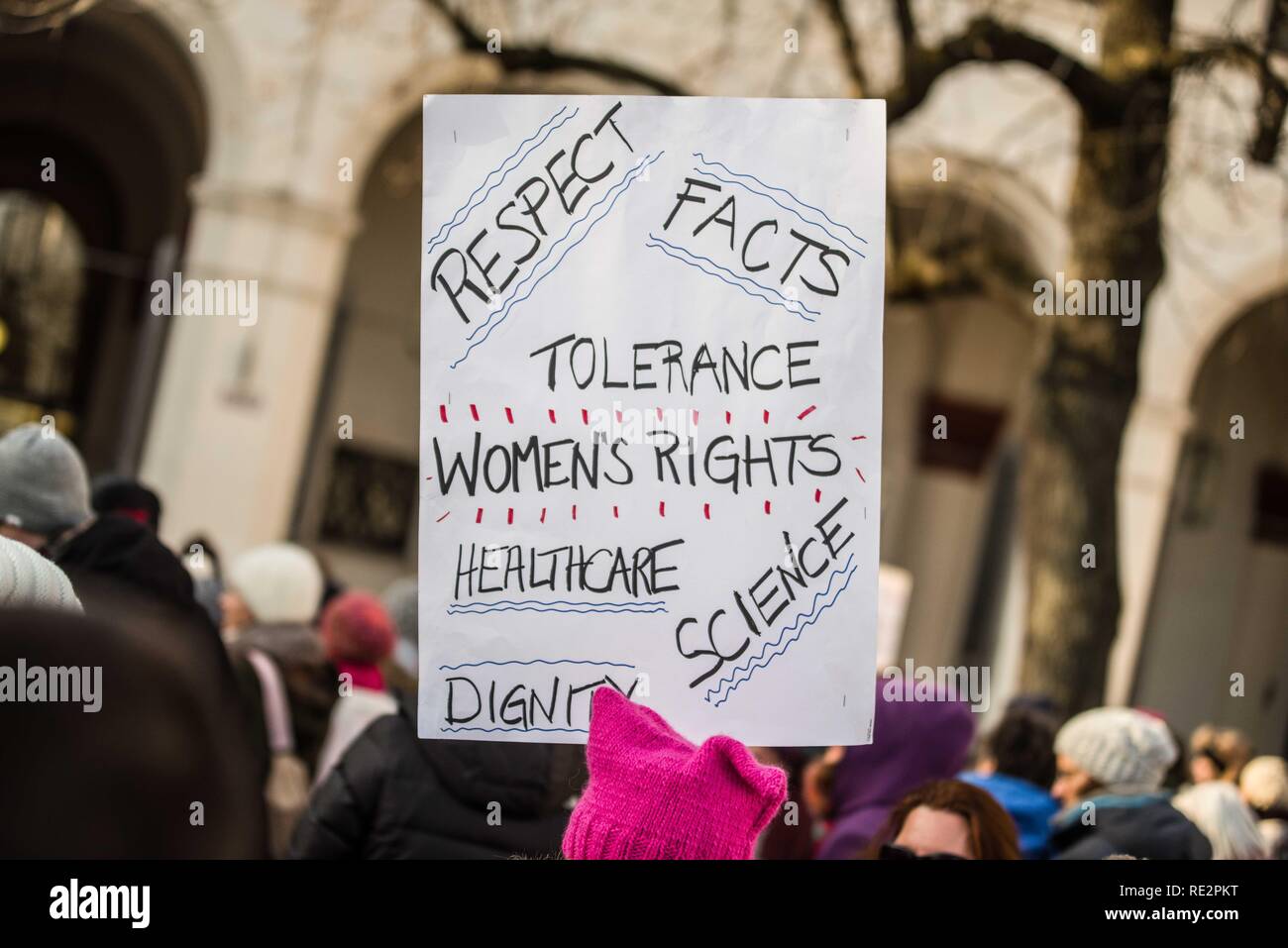 Munich, Bavaria, Germany. 19th Jan, 2019. A sign with text around tolerance, women's rights, healthcare, science, and facts held at the 2019 Women's March in Munich, Germany. Two years after the original Women's March, over 250 marched through the streets of Munich to raise awareness of the issues women face in modern western societies. Organized by the ex-pat group Democrats Abroad, the demonstrators sought to show solidarity with marches in some thirty countries around the world, as well as highlight ongoing struggles for women, immigrants, and other groups under threat in the United Credit: Stock Photo