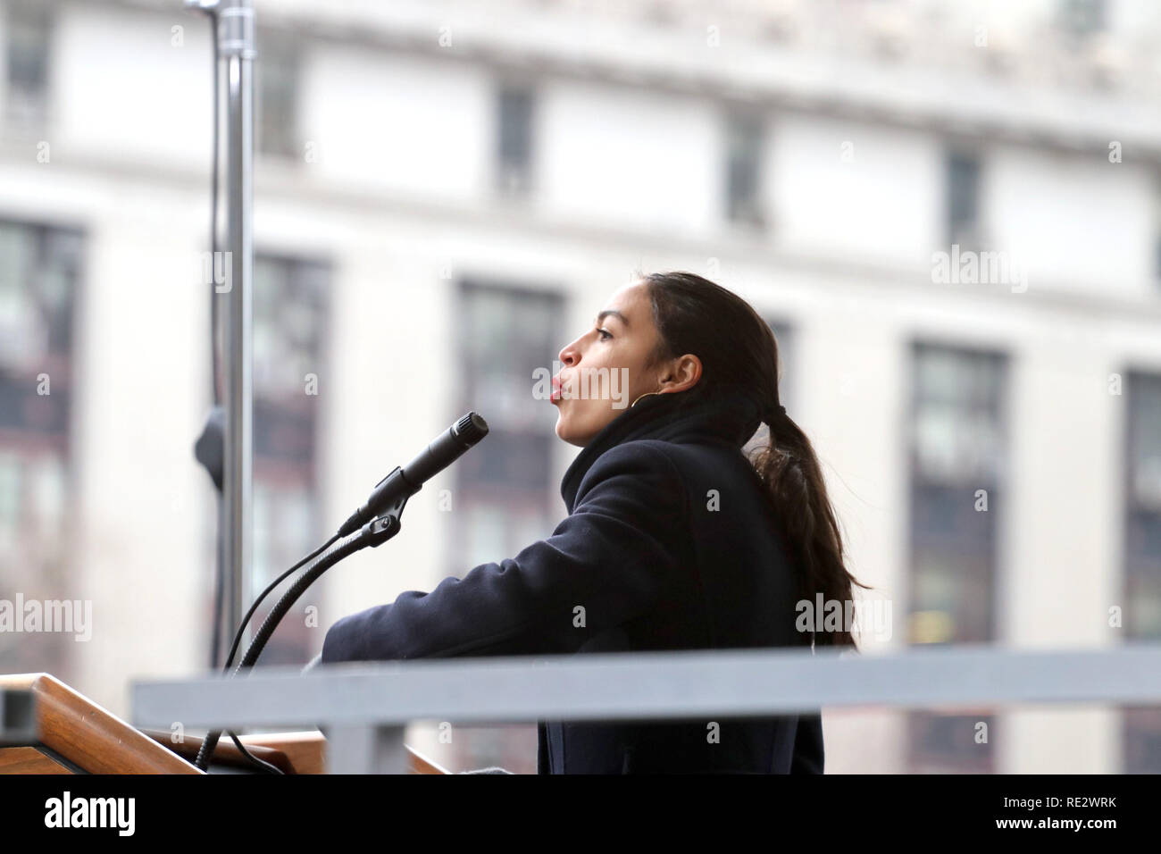 New York City, New York, USA. 19th Jan, 2019. U.S. Rep. Alexandria Ocasio-Cortez (D-Queens) appeared at the Women's March Alliance co-hosted rally with the New York Immigration Coalition in Foley Square on 19 January, 2019. The rally by the controversial organization drew thousands and featured appearances by U.S. Rep. Alexandria Ocasio-Cortez (D-Queens) and American feminist, journalist, and social political Gloria Steinem. Credit: G. Ronald Lopez/ZUMA Wire/Alamy Live News Stock Photo