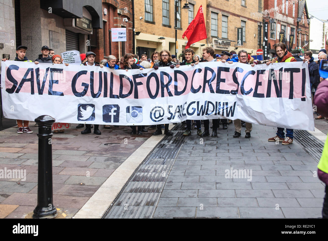 Cardiff, UK. 19th January, 2019. Save Gwdihŵ & Guildford Crescent march in Cardiff as independent music venue and small businesses close locally in the name of gentrification. Credit: Taz Rahman/Alamy Live News Stock Photo